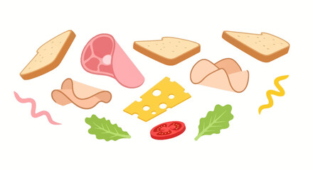 Sandwich components meat with cheese, bread, and greens.