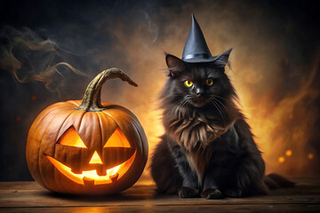 Mysterious black cat wearing a witch hat sits beside a glowing jack o lantern on halloween night