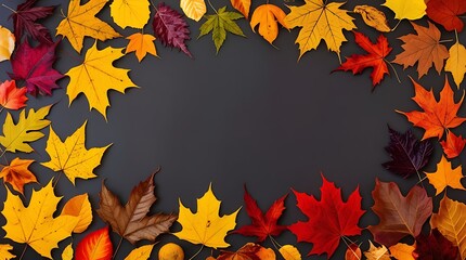 Flat lay of vibrant autumn maple leaves in shades of red, yellow, and orange arranged on a dark background, creating a colorful and decorative seasonal pattern for fall themes.

