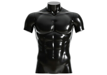 A glossy black male torso mannequin with defined muscles stands against a transparent background, showcasing fashion and form