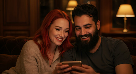 Couple enjoying content on smartphone together in cozy living room environment