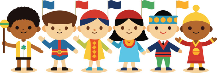 Obraz premium Vector art of a diverse group of happy children from around the world holding hands and flags isolated on transparent background.