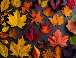 Fototapeta premium Flat lay of vibrant autumn maple leaves in shades of red, yellow, and orange arranged on a dark background, creating a colorful and decorative seasonal pattern for fall themes.