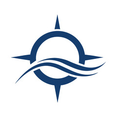 Dark blue compass symbol with wavy lines on white background navigation direction