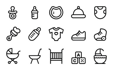 Baby and Newborn Essentials Icon Set - Featuring Pacifier, Bottle, Bib, Hat, Rattle, Onesie, Shoes, Stroller, Crib - Perfect for Infant Care Designs - Vector