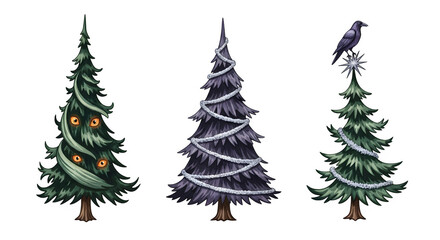 Obraz premium Three decorated christmas trees with a crow on transparent background isolated on transparent background