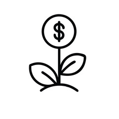 Dollar coin growing on a plant stem with leaves in soil