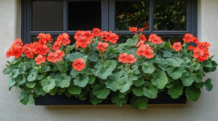 Fototapeta premium Bright orange flowers fill a window box