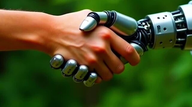 A robot and human handshake in a spotlight, surrounded by greenery, symbolizing the dawn of a new human-machine era.