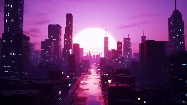 Pink Sunset Cityscape with Canal View.