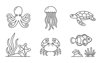Ocean Creatures Icons - Octopus, Jellyfish, Sea Turtle, Clownfish, Crab, Starfish, and Coral Reef Vectors