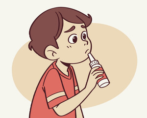 Boy using nasal spray, illustration, with copy space