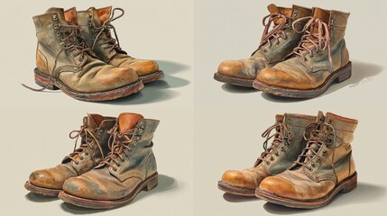 Four pairs of worn, brown leather boots displayed in quadrants, showcasing detailed textures