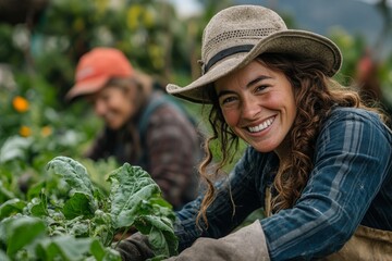 Happy farmers or gardeners working together outdoors at a community farm, promoting sustainable agriculture and the joys of farming, Generative AI
