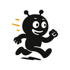 Cute running alien character with antennae in black silhouette style. Fun cartoon mascot in minimal vector design. Perfect for kids, comics, icons, or branding