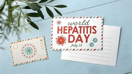World hepatitis day awareness card with medical symbols and greenery on a blue wooden background