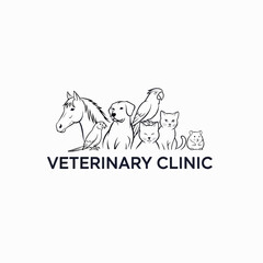 Veterinary clinic logo featuring line art of various animals, including horse, dog, cat, and bird. Veterinary clinic logo embodies care and compassion for pets, showcasing animals in harmony,
