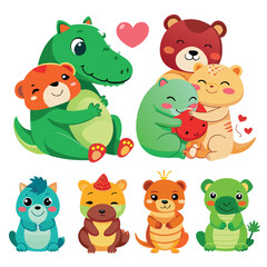 Obraz premium Funny cartoon animal vector character collection with cute baby alien, pig, frog, cat, bear, and panda for children's art and safari illustrations