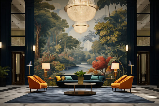 
Luxury hotel lobby with statement wallpaper