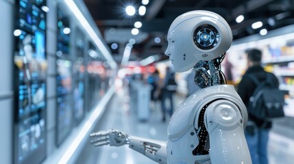 Fototapeta premium Futuristic robot interacts with interactive displays in a modern store
