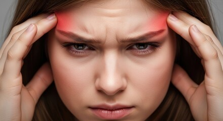 Obraz premium Young Woman Suffering from Severe Headache and Migraine with Red Highlight on Temples