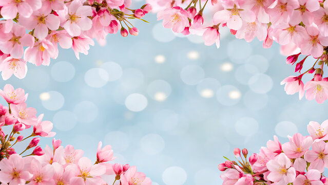 Soft focus pastel pink cherry blossoms frame a dreamy light blue background with bokeh lights creating a beautiful springtime floral border - Powered by Adobe