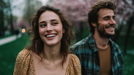 Fototapeta premium Happy Young Couple Enjoying a Leisurely Walk Through a Scenic Park on a Sunny Day
