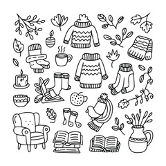 Hand-Drawn Cozy Winter Pattern Featuring Sweaters, Socks, Hot Drinks, Leaves, Candle, Books and More – Perfect for Seasonal Decor 