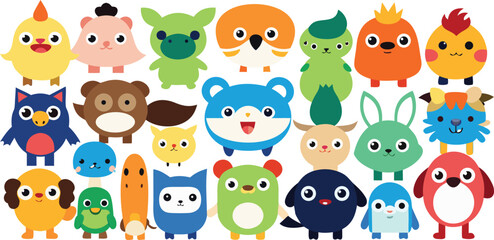 Obraz premium Vector art of a vibrant collection of cute and colorful cartoon animals and creatures in various shapes isolated on transparent background.