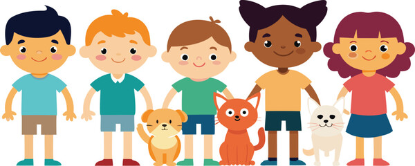 Vector art of a diverse group of cute cartoon children and their pets, including dogs and cats, standing together isolated on transparent background.