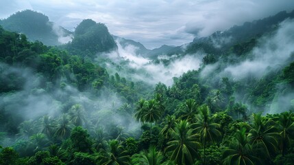Lush, green jungle valley shrouded in mist, with palm trees and distant mountains under a cloudy sky