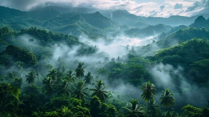Lush tropical mountains blanketed in low-lying clouds and mist with thick green vegetation everywhere