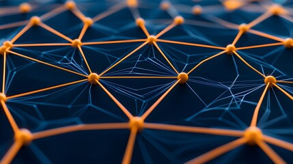 Fototapeta premium The image showcases a network-like structure with vibrant orange spheres connected by lines, contrasting against a dark blue background to symbolize digital connectivity.