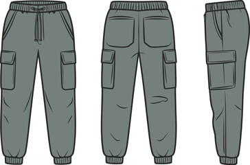 Men's cargo jogger pants CAD drawing, front back and side view, vector fashion flat sketch, technical apparel illustration template