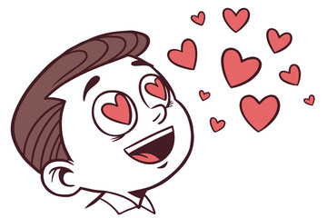 Naklejka premium A cheerful cartoon boy with heart eyes and hearts floating representing love affection and romance on white background