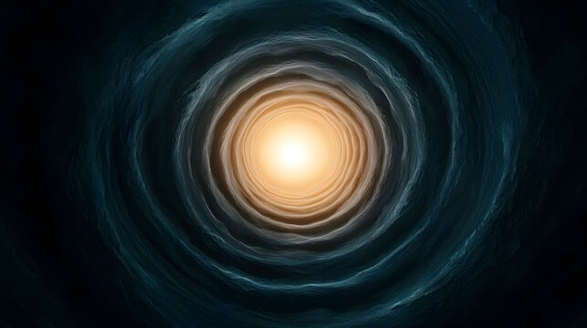 The image shows a digital art rendering of a tunnel-like structure with rough, layered walls in dark blue and gray hues, leading to a bright, golden-yellow light source at the end.