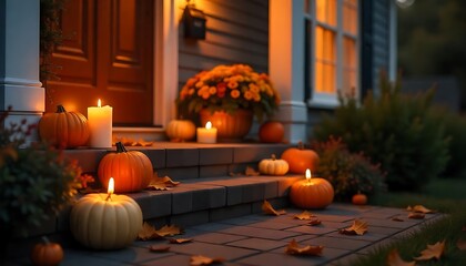 Obraz premium Welcome autumn with glowing pumpkins and candles on the front porch steps for a cozy Halloween season