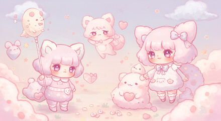 Obraz premium Cute pastel characters in a whimsical landscape