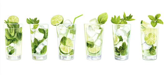 A schizophrenic mojito cocktail with lime and mint leaves on a white background