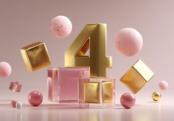 3D Gold Number 4, Luxury Geometric Design, Elegant Digital Art for Anniversaries, Premium Element for Celebrations, Creative Visual Asset for Milestones