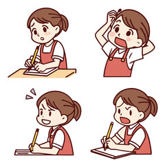 A young girl displaying a variety of emotions while studying and writing with a pencil and notebook in a cheerful illustration.