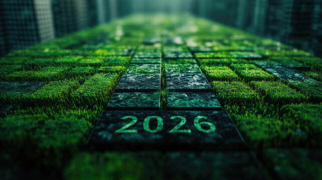 green numbers 2026 placed on a lush green grass lawn under a clear sky, symbolizing the new year, fresh beginnings, eco-friendly lifestyle, nature connection, and environmental awareness.