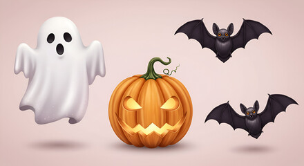 Halloween icons ghost, pumpkin, bats