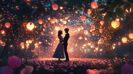 A couple dancing under a string of lights, surrounded by scattered petals and glowing lanterns. 