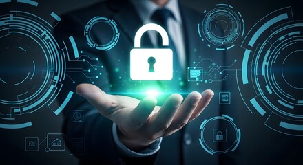 Cybersecurity Shield – Hand Holding Glowing Padlock in Secure Network Environment

