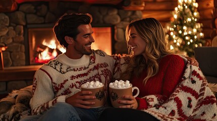 A couple sharing a blanket by a fireplace, with mugs of hot cocoa and marshmallows in hand