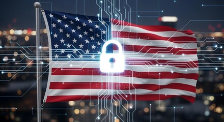 USA Cybersecurity Concept – Padlock Over American Flag with Digital Security Overlay

