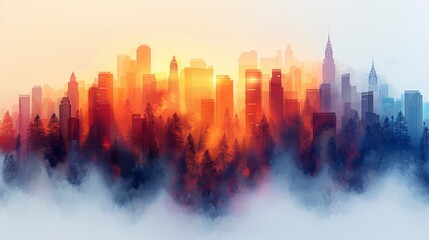 Cityscape blended with forest, stylized, warm tones, light rays, misty atmosphere