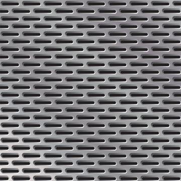 Seamless metallic vent pattern with rounded rectangular perforations. Ideal for industrial, tech, or mechanical-themed backgrounds and textures.