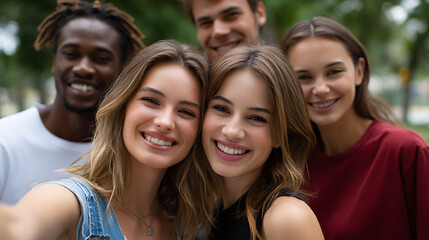 Fototapeta premium Smiling Diverse Group of Young Adults Taking a Selfie Outdoors